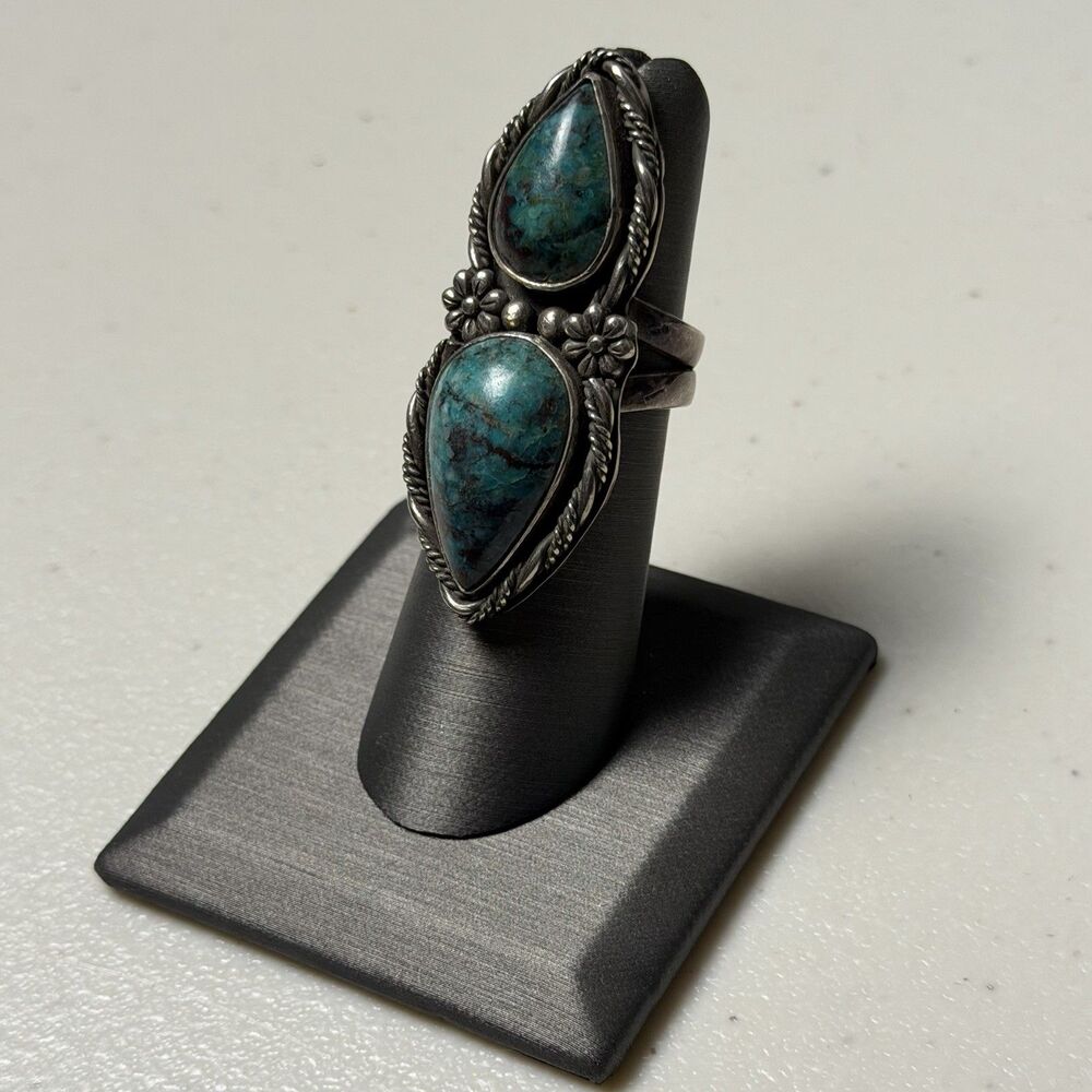 Vintage Signed Southwestern Statement Chrysocola Sterling Size 6.25 Ring - Picture 4 of 5